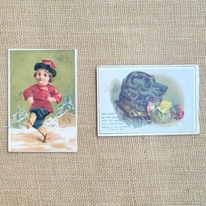 Lot Of 2 Antique Trade Cards ~Labrador Dog/Psalm 119:103 & Little Boy Dancing